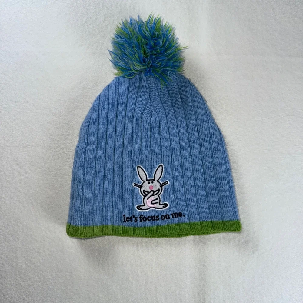 Vintage It's Happy Bunny Jim Benton Blue Green Pom Pom Beanie Hat Y2K Sarcastic
